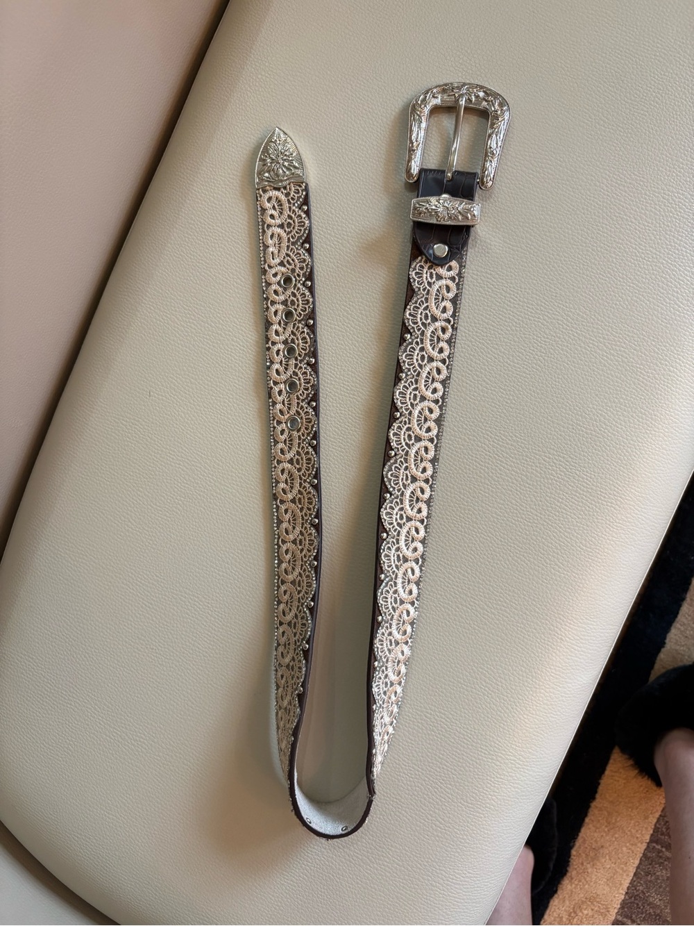 Genuine Leather Lace Rhinestone Western Belt Silver Buckle